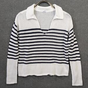 GAP Open Knit Top Womens Medium Relaxed Stripe Crochet Collared Sweater Prep